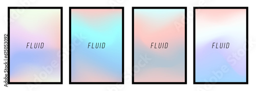 Set of soft fluid backgrounds with holographic colors. Graphic templates with color gradients for creative design. Vector illustration.