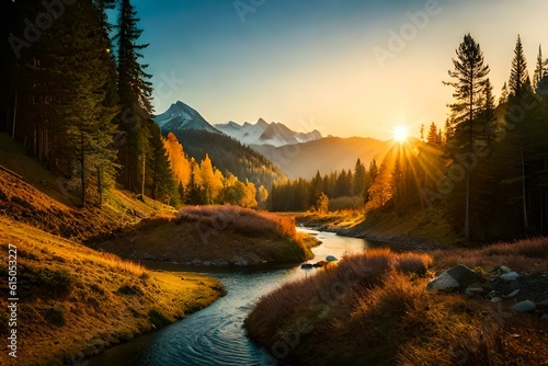  sunset in the mountains , autumn forest in the morning