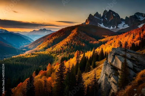  sunset in the mountains   autumn forest in the morning