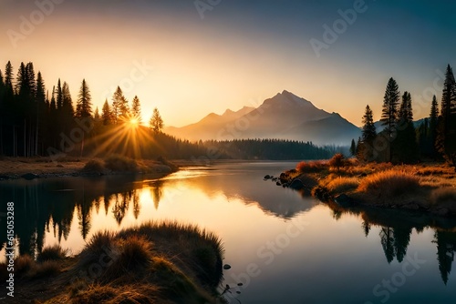  sunset in the mountains , autumn forest in the morning