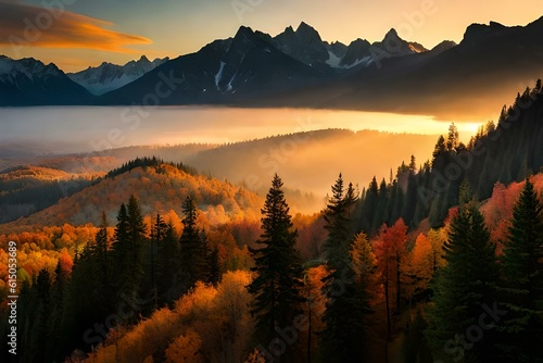  sunset in the mountains , autumn forest in the morning © Ahtesham
