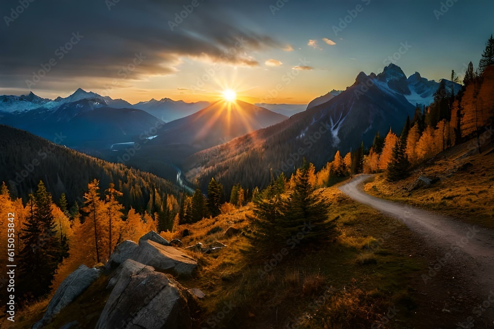  sunset in the mountains , autumn forest in the morning