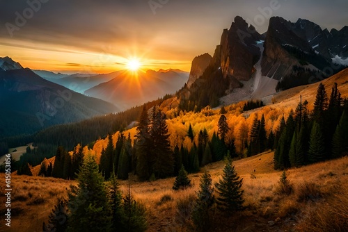  sunset in the mountains   autumn forest in the morning