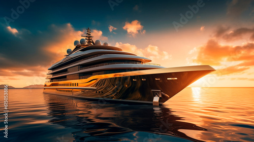 A luxury mega yacht with golden glass in the ocean at a sunset. Generative AI