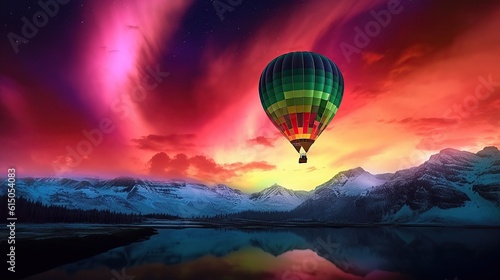 Hot air balloon over the field with beautyful aurora generative ai