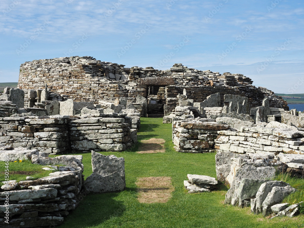 The Broch of Gurness. Iron age buildings. Aikerness Bay. Orkney Islands. Scotland