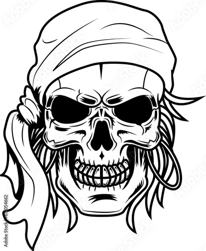 Outlined Pirate Skull Graphic Logo Design. Vector Hand Drawn Illustration Isolated On Transparent Background © HitToon.com