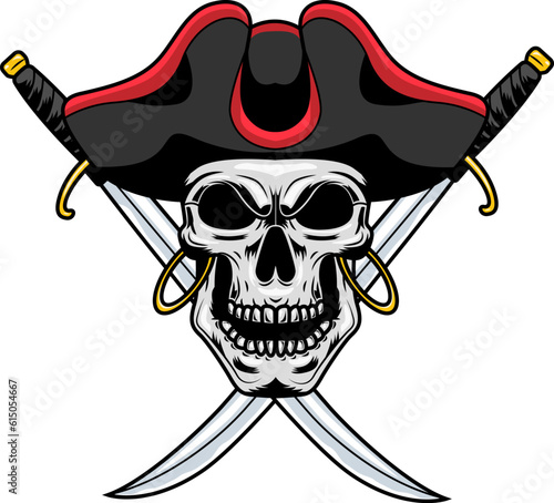 Pirate Skull With Two Sabres Graphic Logo Design. Vector Hand Drawn Illustration Isolated On Transparent Background