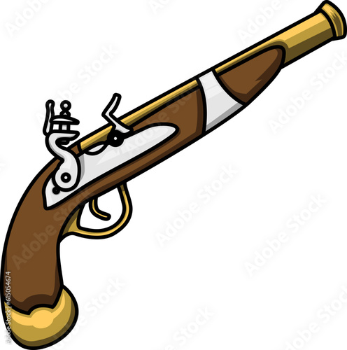Vintage Old Pirate Gun With Wooden Handle Graphic Logo Design Vector Hand Drawn Illustration Isolated On Transparent Background