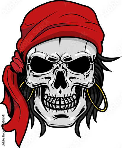 Pirate Skull Graphic Logo Design. Vector Hand Drawn Illustration Isolated On Transparent Background