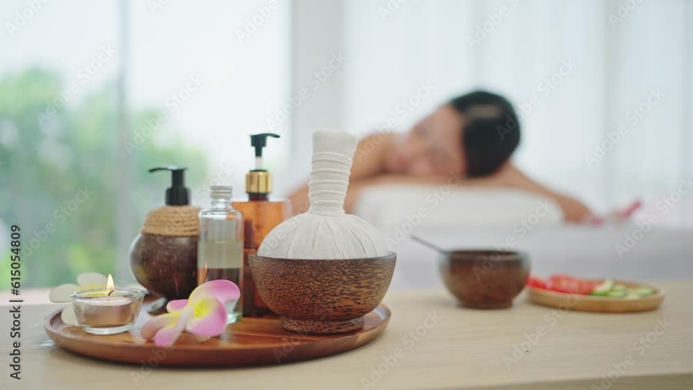 Massage equipment on tray. Items and accessories for spa massage in