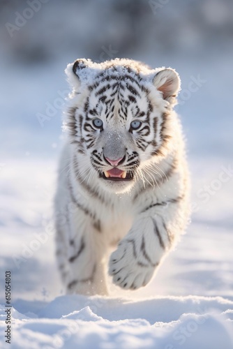 cartoon illustration  a cute tiger running in the snow  ai generative