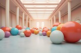Buzzing with energy: vibrant collection of spheres mingle in a radiant room, illuminated through lively juxtaposition against the indoor flooring
