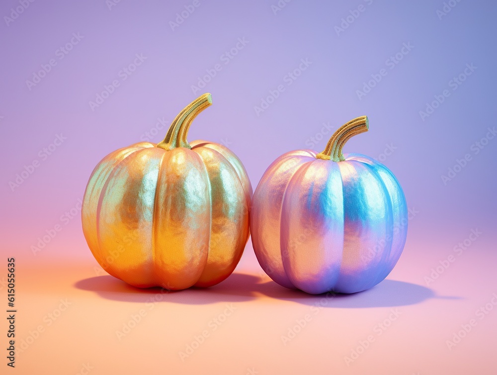 Gourd-geous harvest: a vibrant duo of colorful pumpkins freshly picked from the autumn bounty on a cheerful background awash in baby pink and blue tones Gourd-geous harvest: a vibrant duo of colorful pumpkins freshly picked from the autumn bounty on a cheerful background awash in baby pink and blue tones