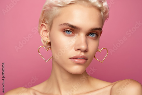 Generative AI illustration Cheerful young short haired blonde model in stylish hoop earrings and with colorful sequins in shape of heart and Angel word looking at camera against pink background photo