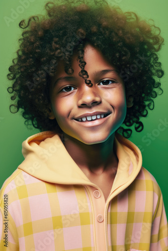 Generative AI illustration of a adorable afro latin boy smiling looking at camera with yellow shirt and green background