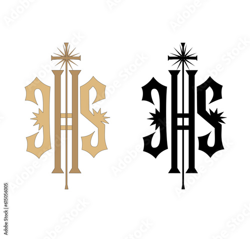 IHS GOLD EMBROIDERY FOR LITURGICAL CLOTHES AND SACRED CEREMONIES. SACRED CATHOLIC SYMBOLS IN ANCIENT STYLE WITH GOLDEN DECORATIONS