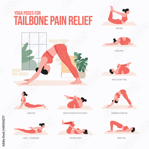 Yoga poses For tailbone pain relief. Young woman practicing Yoga pose.  Woman workout fitness, aerobic and exercises Stock Vector | Adobe Stock