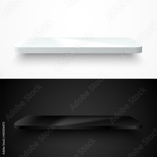 Abstract room white and black wall with 3D realistic white and black podium or acrylic product shelf set. Vector wall background mockup display. Minimal stage showcase scene collection