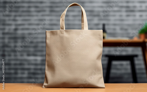 Mockup shopper tote bag handbag on isolated grey background. Copy space shopping eco reusable bag. Grocery accessories. Template blank cotton material canvas cloth. Tote bag mockup. Ai generative photo