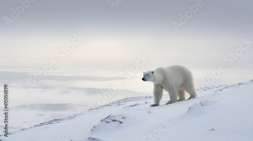 In the vast expanse of the Arctic tundra  a solitary Polar Bear traverses the icy terrain  its pure white fur blending seamlessly with the snow-covered landscape.