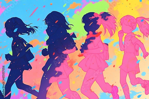 A group of people running a color run silhouette art