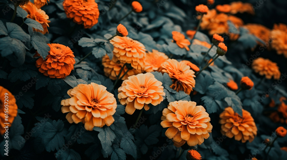 Close up of blooming flowerbeds of amazing apricot orange color flowers on dark moody floral textured background. Generative AI Close up of blooming flowerbeds of amazing apricot orange color flowers on dark moody floral textured background. Generative AI