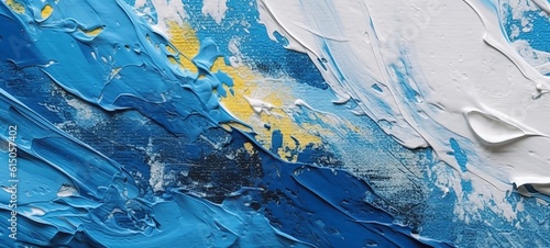 Fototapeta Naklejka Na Ścianę i Meble -  Closeup of abstract rough colorful blue white yellow multicolored art painting texture, with oil brushstroke, pallet knife paint on canvas (Generative Ai)