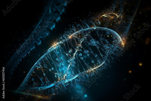 Science and technology concept. Human DNA and quantum mechanics mix abstract colorful illustration in dark background with copy space. Generative AI