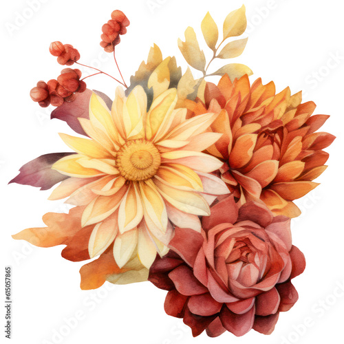 Bouquet of autumn flowers  watercolor autumn floral  rose  peony  dahlia  Isolated on transparent background. Generative AI