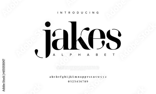 Jakes premium luxury elegant alphabet letters and numbers. Elegant wedding typography classic serif font decorative vintage retro. Creative vector illustration