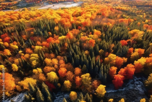 Aerial shot of breathtaking view of landscapes covered in a patchwork of vibrant autumn foliage  offering a unique perspective on the beauty of the season. Generative AI