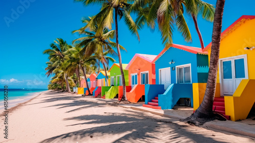 Colorful houses on Catalina beach, dominican republic with palm trees. Generative AI photo
