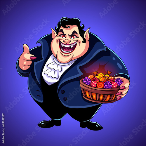 Funny fat vampire Dracula holding a basket of sweets. Halloween cartoon character. Vector illustration. Dark purple background with
