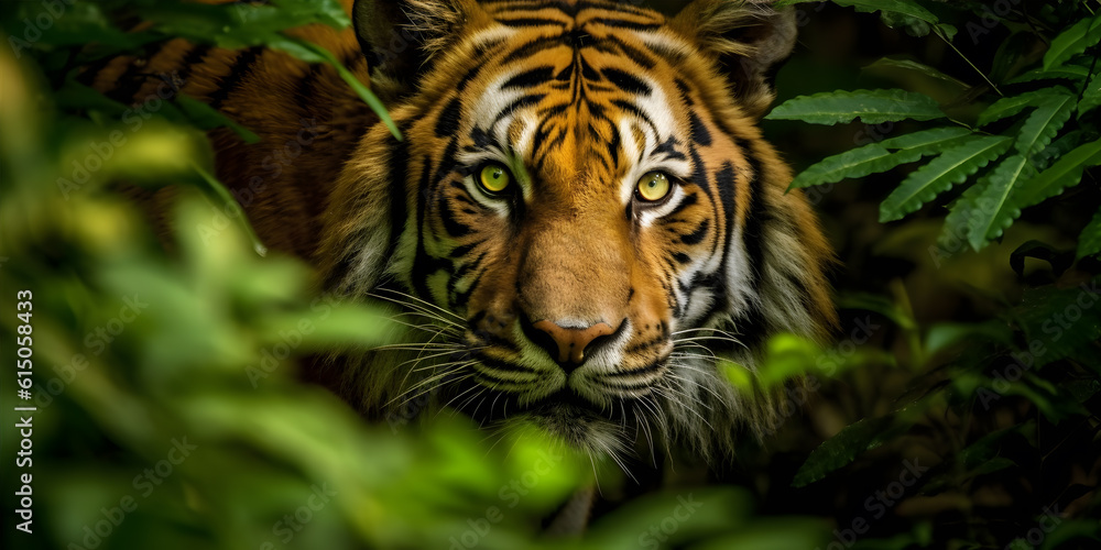 A majestic Bengal Tiger emerges from the lush green foliage of an ancient rainforest, its striking orange fur contrasting against the vibrant shades of the surrounding leaves A majestic Bengal Tiger emerges from the lush green foliage of an ancient rainforest, its striking orange fur contrasting against the vibrant shades of the surrounding leaves