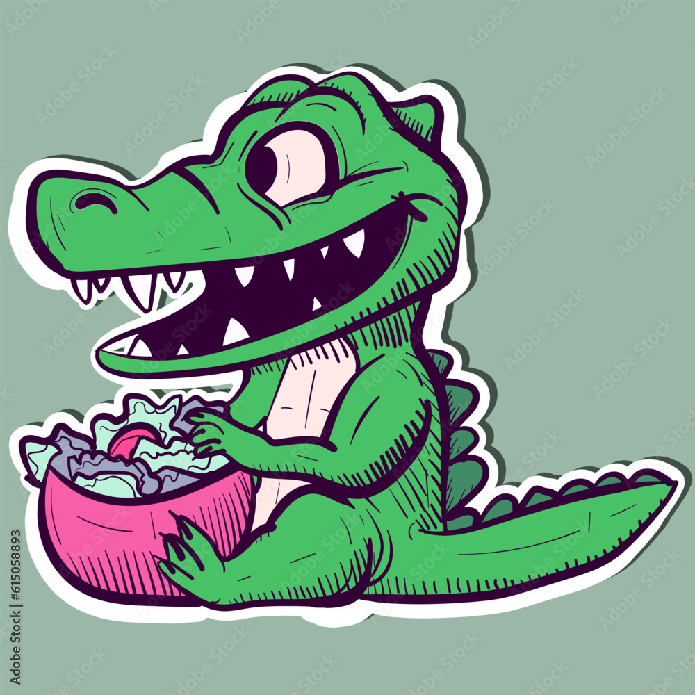 Fototapeta premium Illustration of a vegetarian alligator being excited about a bowl of greens. Vector of a green crocodile eating a salad