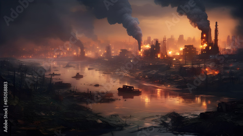 A city engulfed in a smoggy haze, with toxic fumes rising from industrial chimneys, a river contaminated with chemical waste, and barren land dotted with garbage dumps