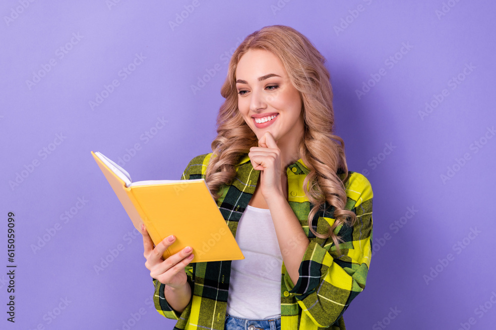 Photo of cheerful shiny lady wear plaid yellow shirt planning working day arm chin isolated violet color background Photo of cheerful shiny lady wear plaid yellow shirt planning working day arm chin isolated violet color background