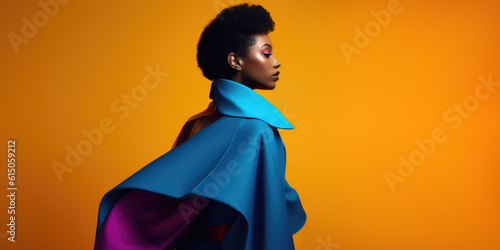 Beauty young african american girl in fashion clothing posing colorful background. Generative AI