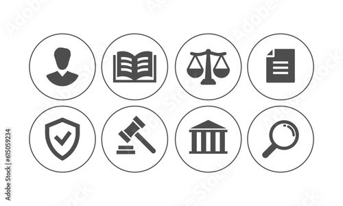 Legal, law, justice, court Icon set. Services lawyer, attorney, notary. Scales justice, gavel book Symbol. Vector illustration