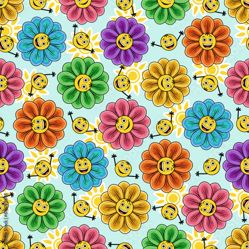 Seamless pattern with chamomile  daisy  sun icon. Flowers with little faces  emoji. Groovy  hippie  naive style. Good for apparel  fabric  textile  surface design.