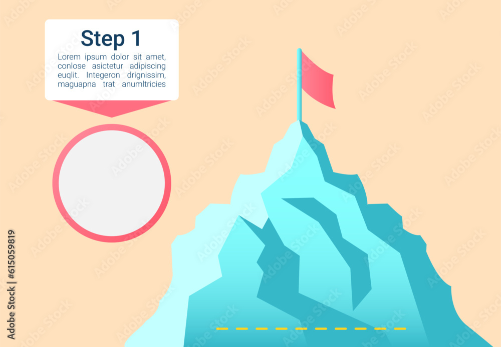 Mountain top with red flag infographic chart design element set. Empty circle. Abstract vector symbols for infochart with blank copy spaces. Instructional graphics kit. Roboto Medium, Light fonts used