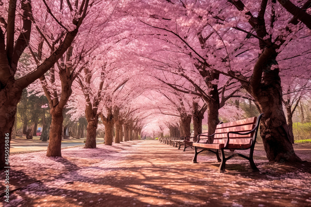 Benches in the park with blossoming cherry trees. Generative AI