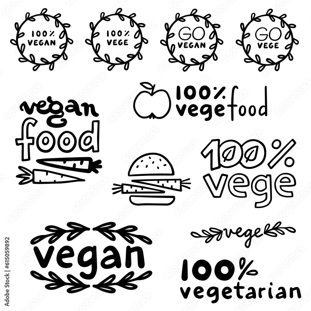 monochrome linear abstract vege vegan label set with typographic and graphic doodle elements isolated on white background for web and print