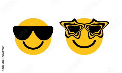 Cool smiling face glasses icon black sunglasses. Emoji, emoticone, vector illustration. Yellow faces cartoon with broad smile wearing
