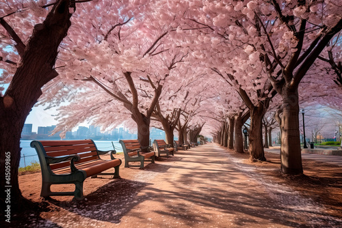 Benches in the park with blossoming cherry trees. Generative AI