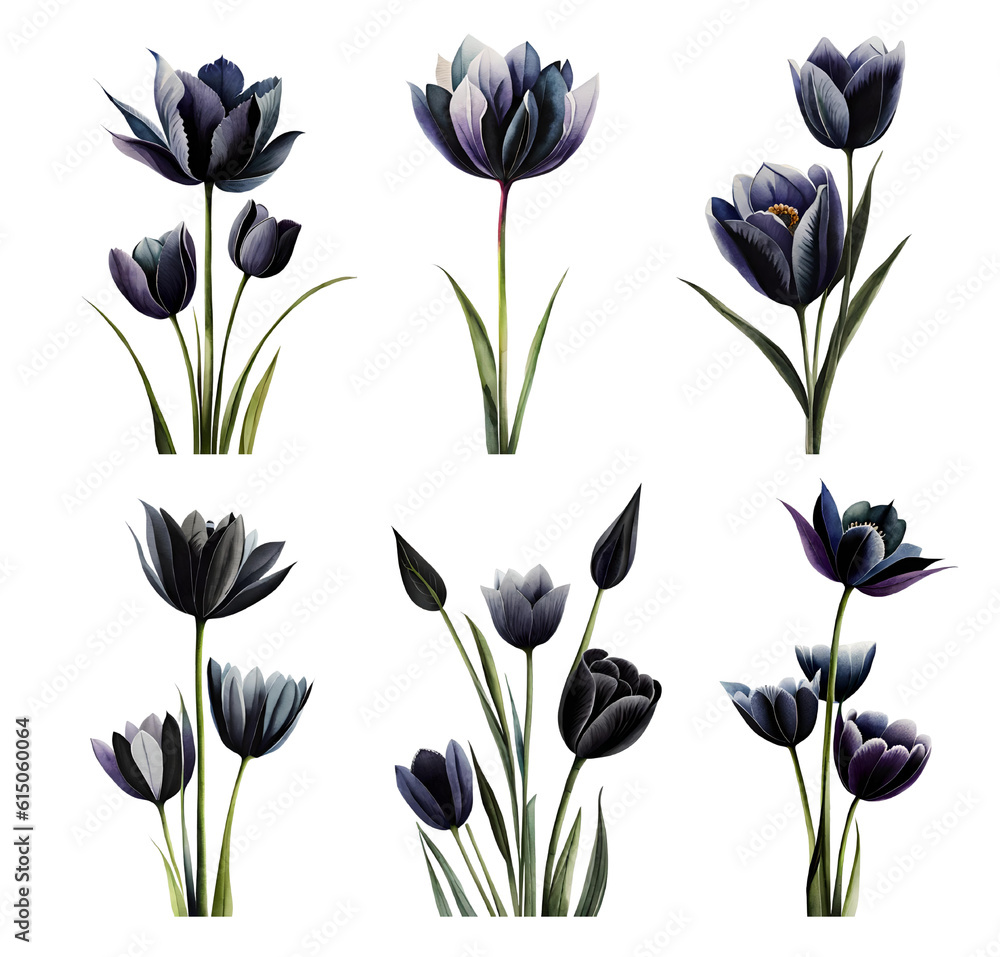 Watercolor dramatic dark tulip. Generative AI Watercolor dramatic dark tulip. Generative AI