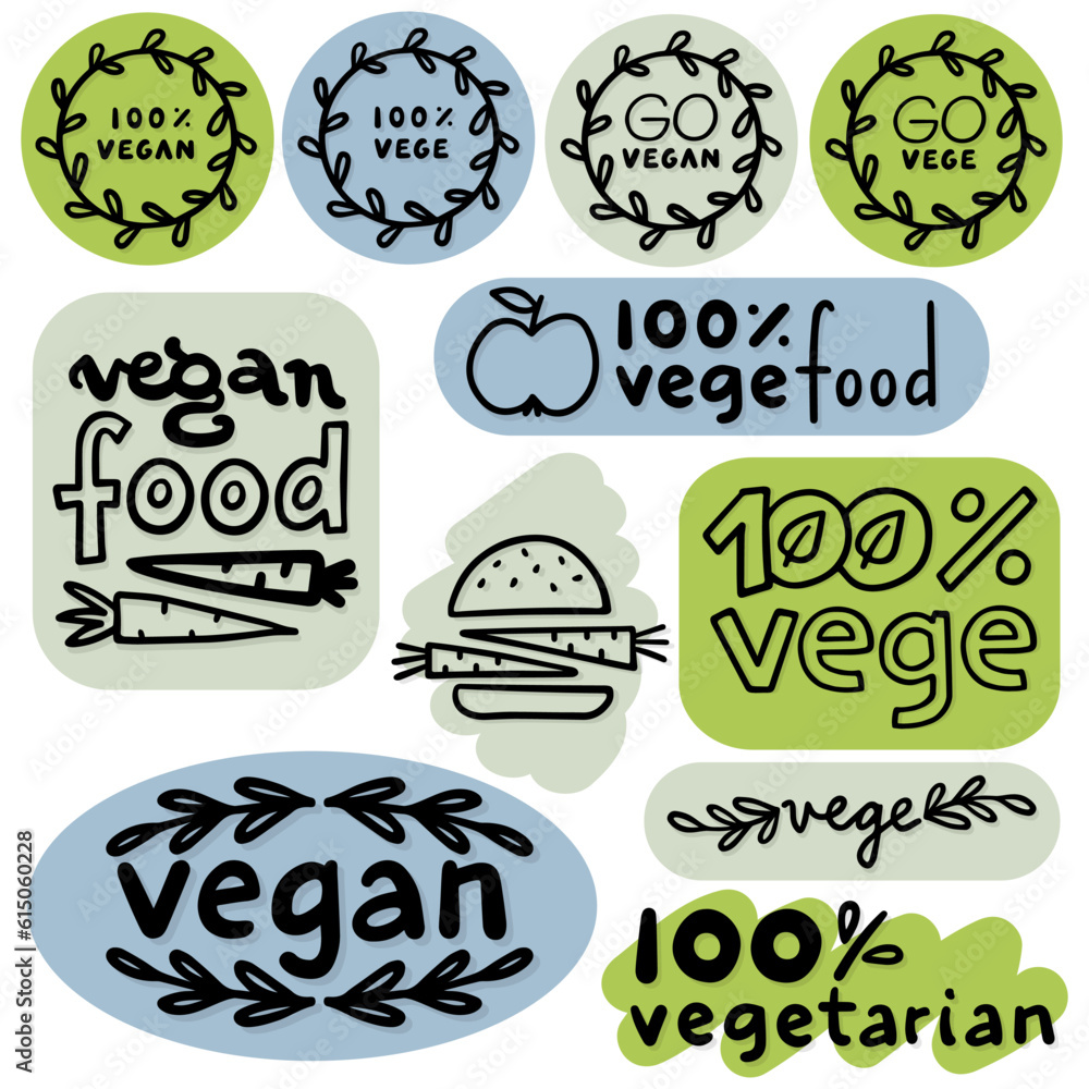 monochrome linear abstract vege vegan label set with typographic and graphic doodle elements on colorful badges isolated on white background for web and print