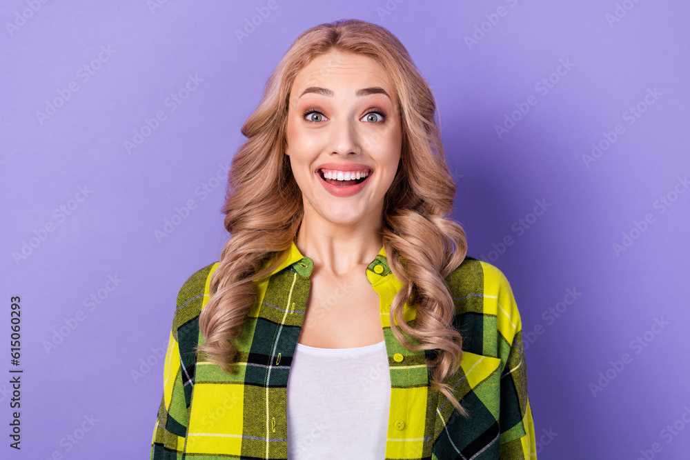 Photo of funny cute lady open mouth overjoyed good news sale prices shop wear plaid shirt isolated pastel color purple background Photo of funny cute lady open mouth overjoyed good news sale prices shop wear plaid shirt isolated pastel color purple background