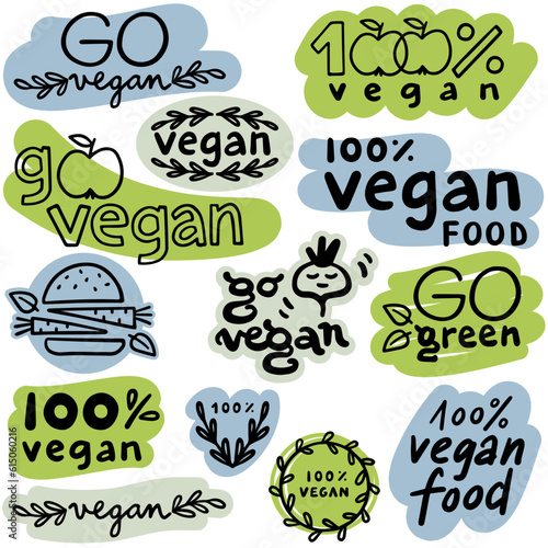 Obraz na płótnie monochrome linear abstract vege vegan label set with typographic and graphic doodle elements on colorful badges isolated on white background for web and print w salonie